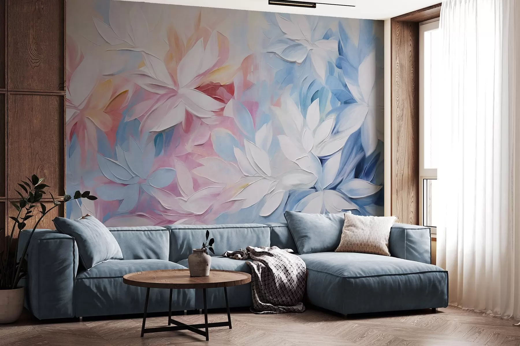wall murals White textured flowers with pink and blue leaves, oil painting abstract style, soft brush strokes, pastel colors  w09396