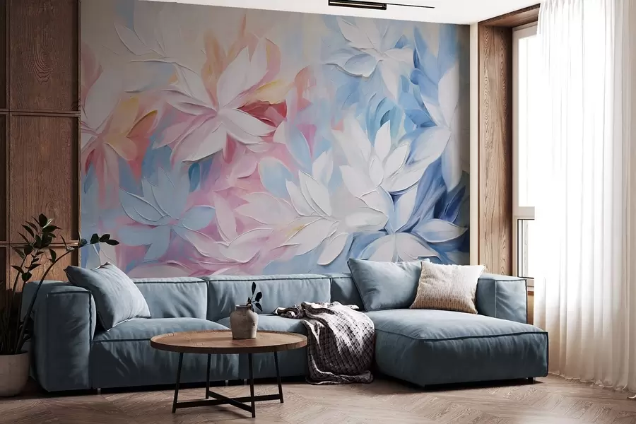 Wall Mural Photo Wallpaper White textured flowers with pink and blue leaves, oil painting abstract style, soft brush strokes, pastel colors  w09396