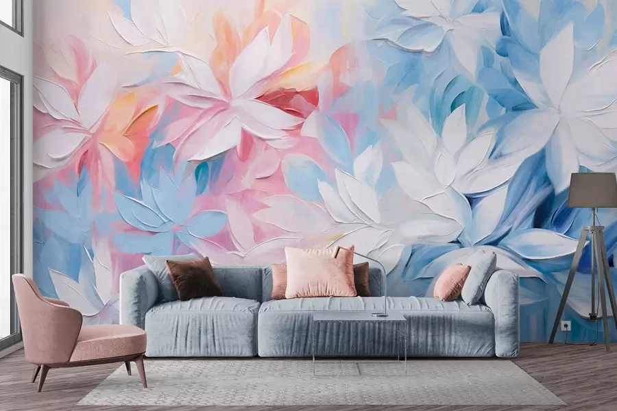 murales Flores blancas con textura y hojas rosas y azules, pintura al óleo de estilo abstracto, pinceladas suaves, colores pastel w09396
