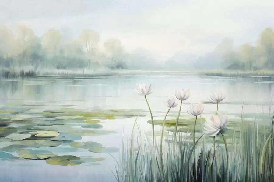 Wall Mural Photo Wallpaper Landscape with a lake, water lilies and lily pads, trees in the background, in a calm environment, light blue and green tones w09395