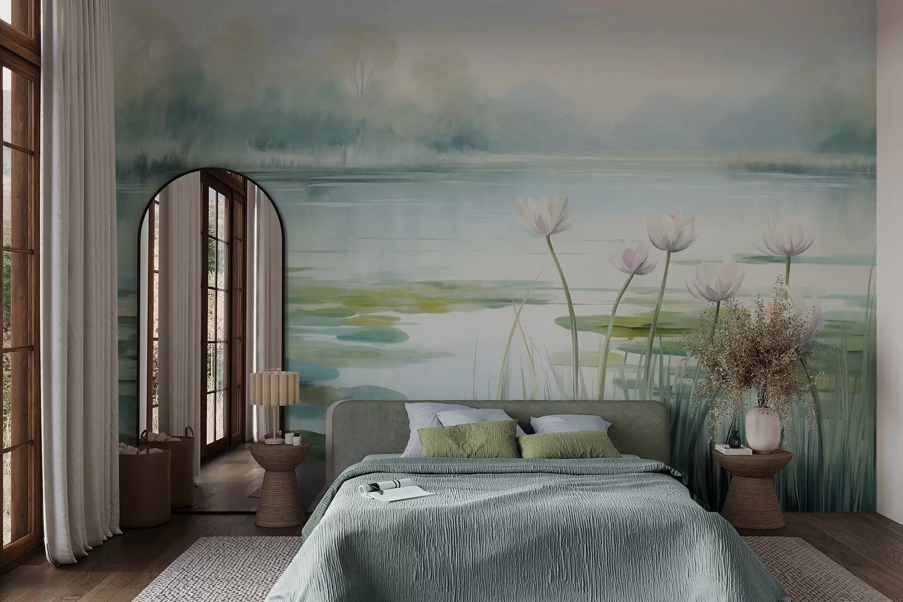 Wall Mural Photo Wallpaper Landscape with a lake, water lilies and lily pads, trees in the background, in a calm environment, light blue and green tones w09395