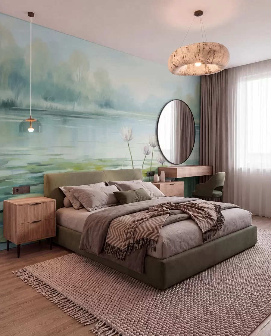 wall murals Landscape with a lake, water lilies and lily pads, trees in the background, in a calm environment, light blue and green tones w09395