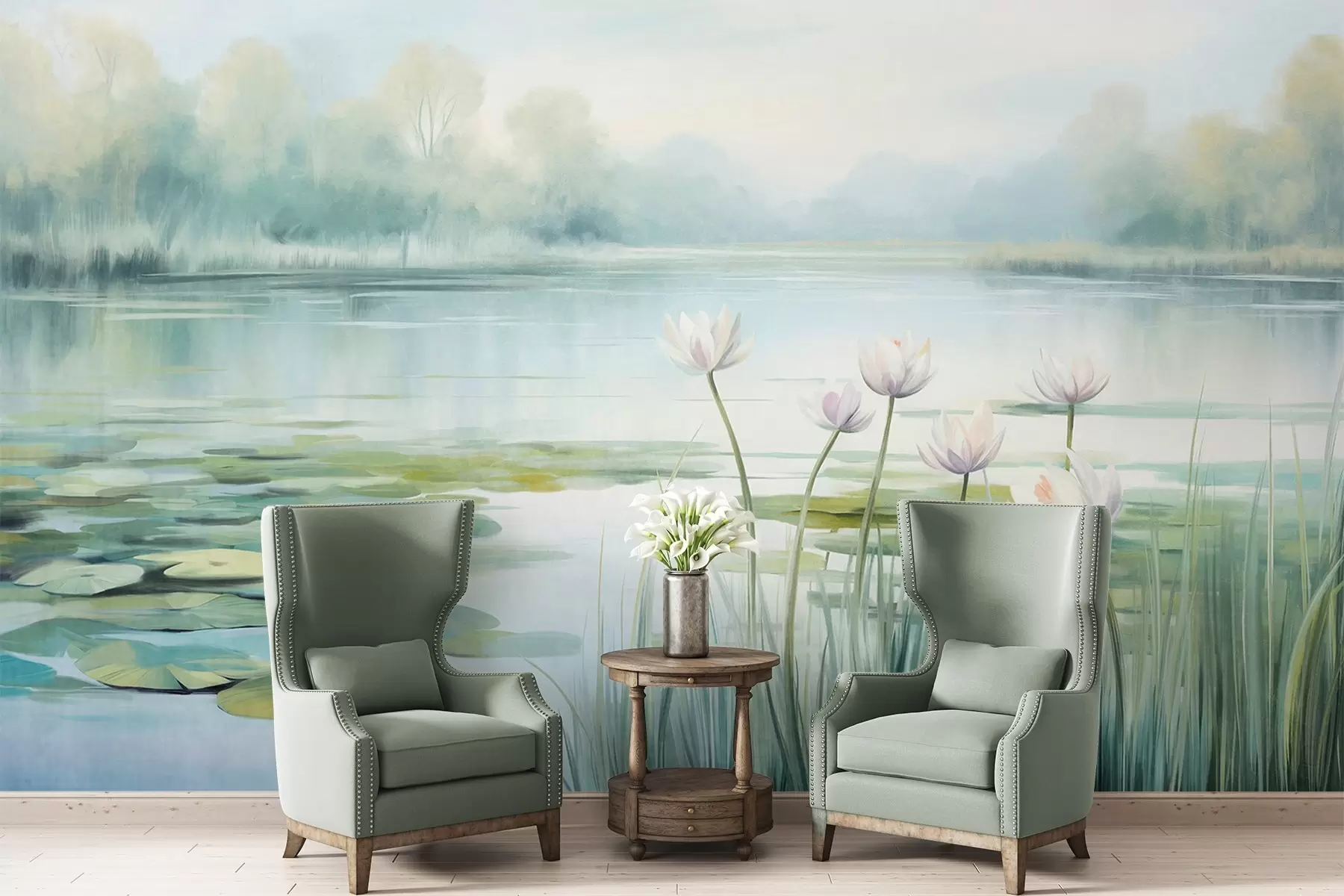 Wall Mural Photo Wallpaper Landscape with a lake, water lilies and lily pads, trees in the background, in a calm environment, light blue and green tones w09395
