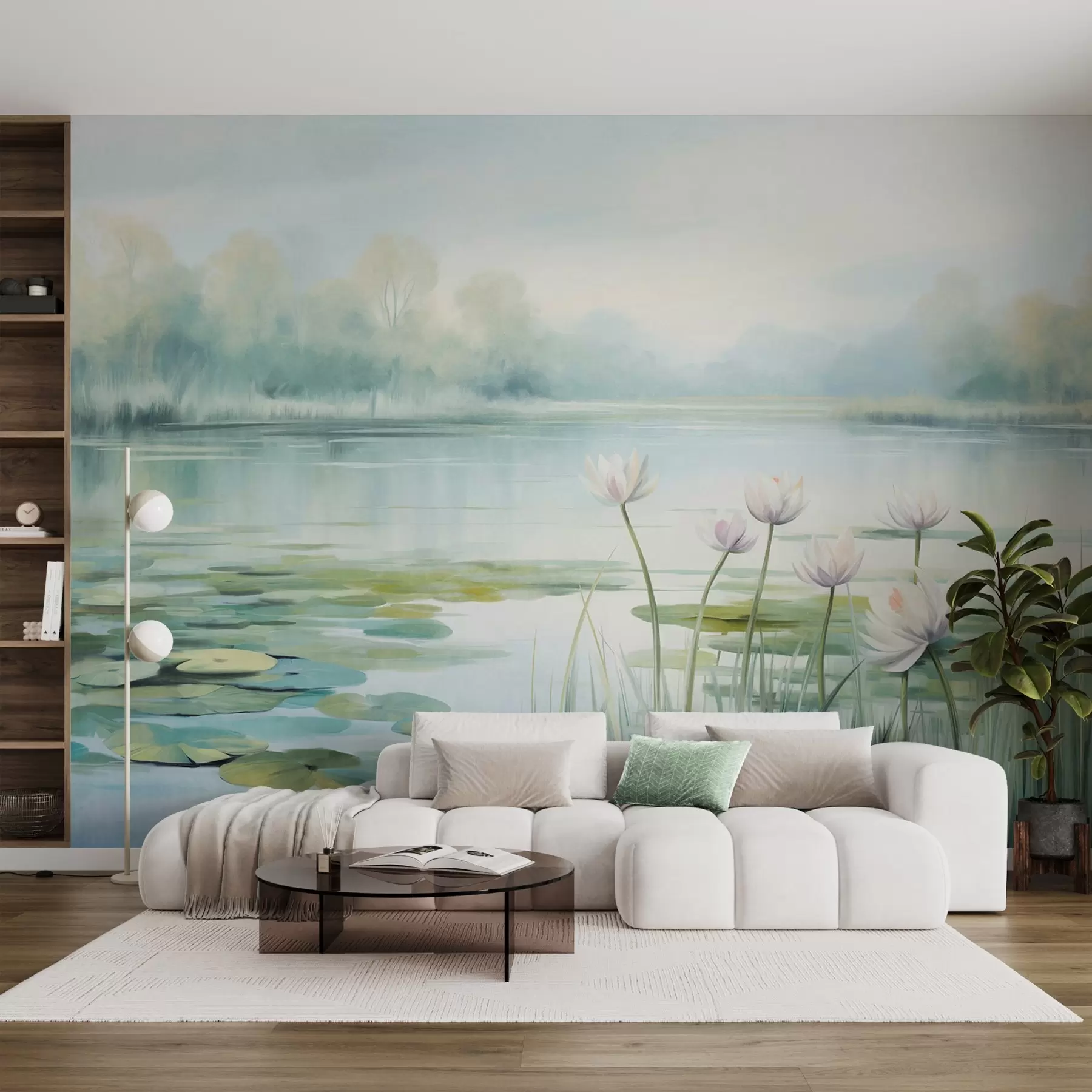 peintures murales Paysage avec un lac, des nénuphars et des feuilles de nénuphars, des arbres en arrière-plan, dans un environnement calme, tons bleu clair et vert w09395