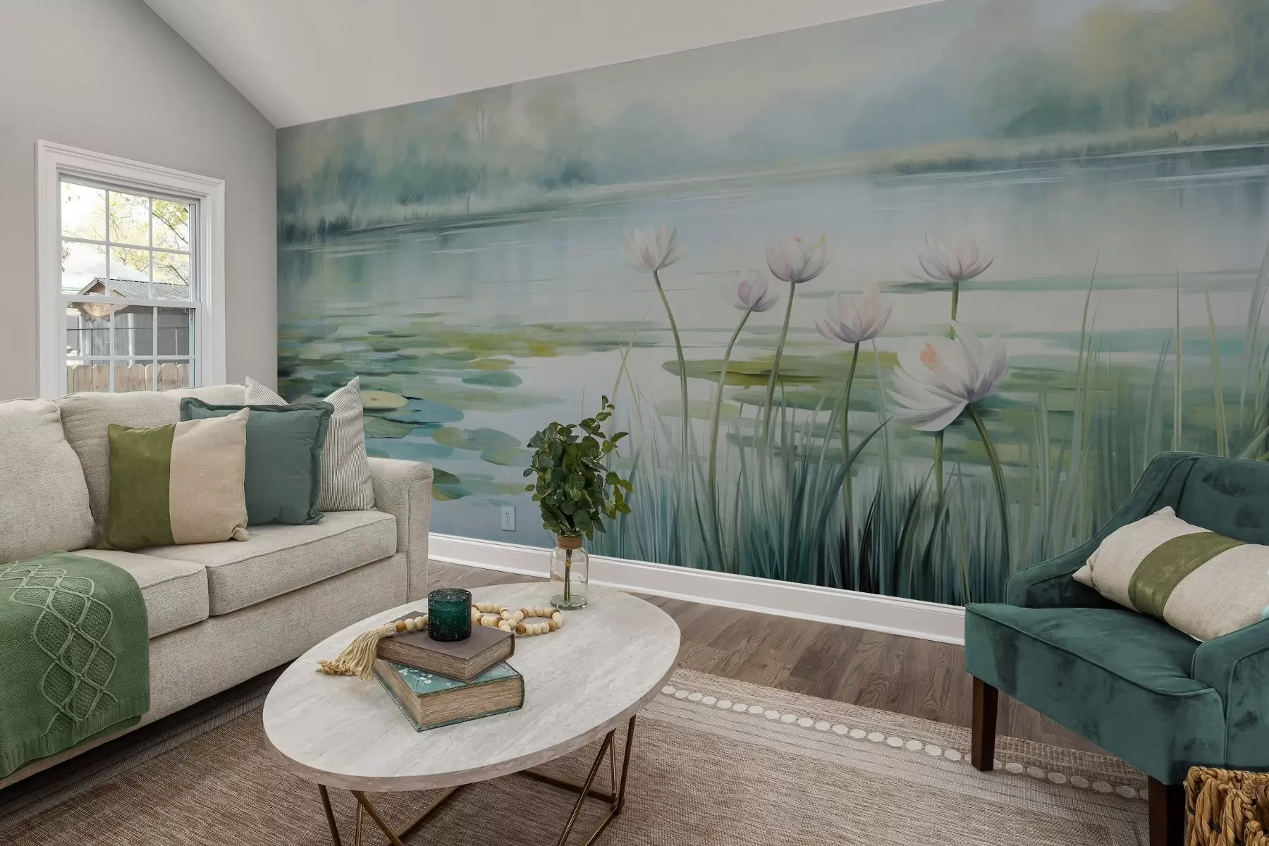 Wall Mural Photo Wallpaper Landscape with a lake, water lilies and lily pads, trees in the background, in a calm environment, light blue and green tones w09395