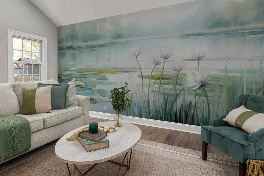 murales Paisaje con un lago, nenúfares y hojas de nenúfar, árboles al fondo, en un entorno tranquilo, tonos azul claro y verde w09395