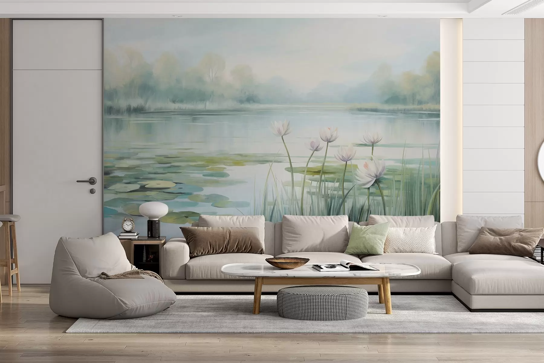murales Paisaje con un lago, nenúfares y hojas de nenúfar, árboles al fondo, en un entorno tranquilo, tonos azul claro y verde w09395
