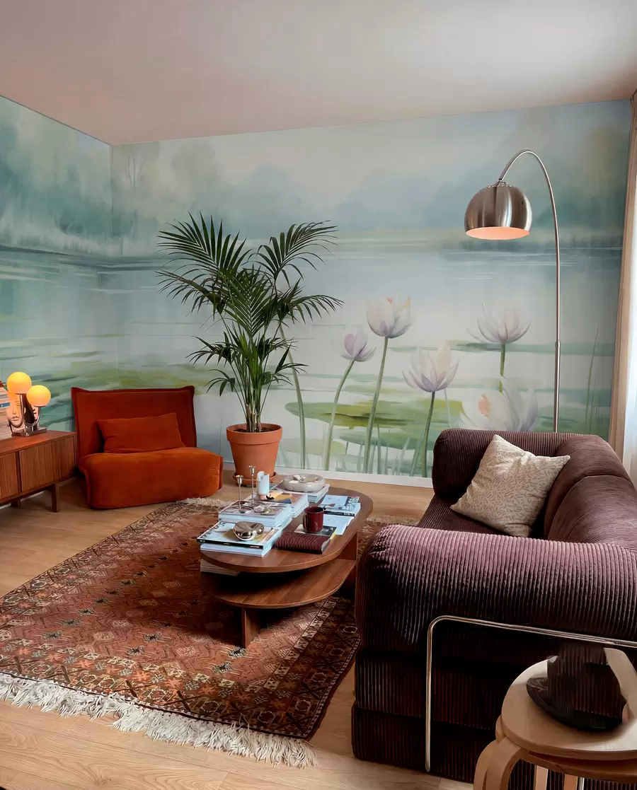 Wall Mural Photo Wallpaper Landscape with a lake, water lilies and lily pads, trees in the background, in a calm environment, light blue and green tones w09395