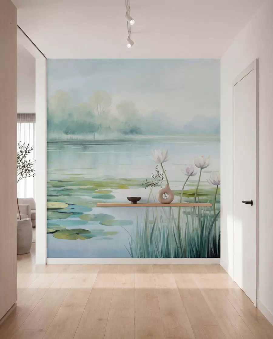 peintures murales Paysage avec un lac, des nénuphars et des feuilles de nénuphars, des arbres en arrière-plan, dans un environnement calme, tons bleu clair et vert w09395