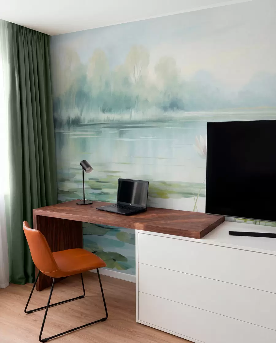 wall murals Landscape with a lake, water lilies and lily pads, trees in the background, in a calm environment, light blue and green tones w09395