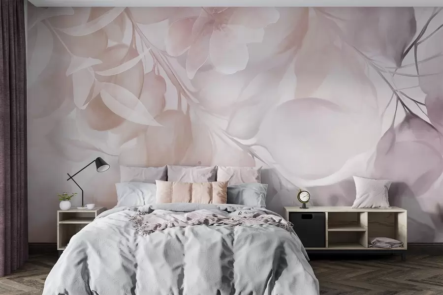 wall murals Floral art with muted beige and brown flowers, leaves and branches, soft pastel colors, watercolor textured effect w09397