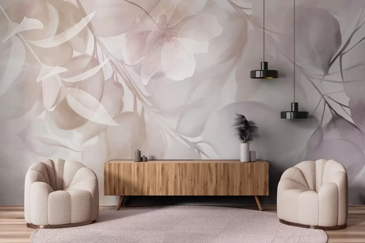 murales Arte floral con flores, hojas y ramas en tonos beige y marrón apagados, colores pastel suaves y efecto texturizado acuarela w09397