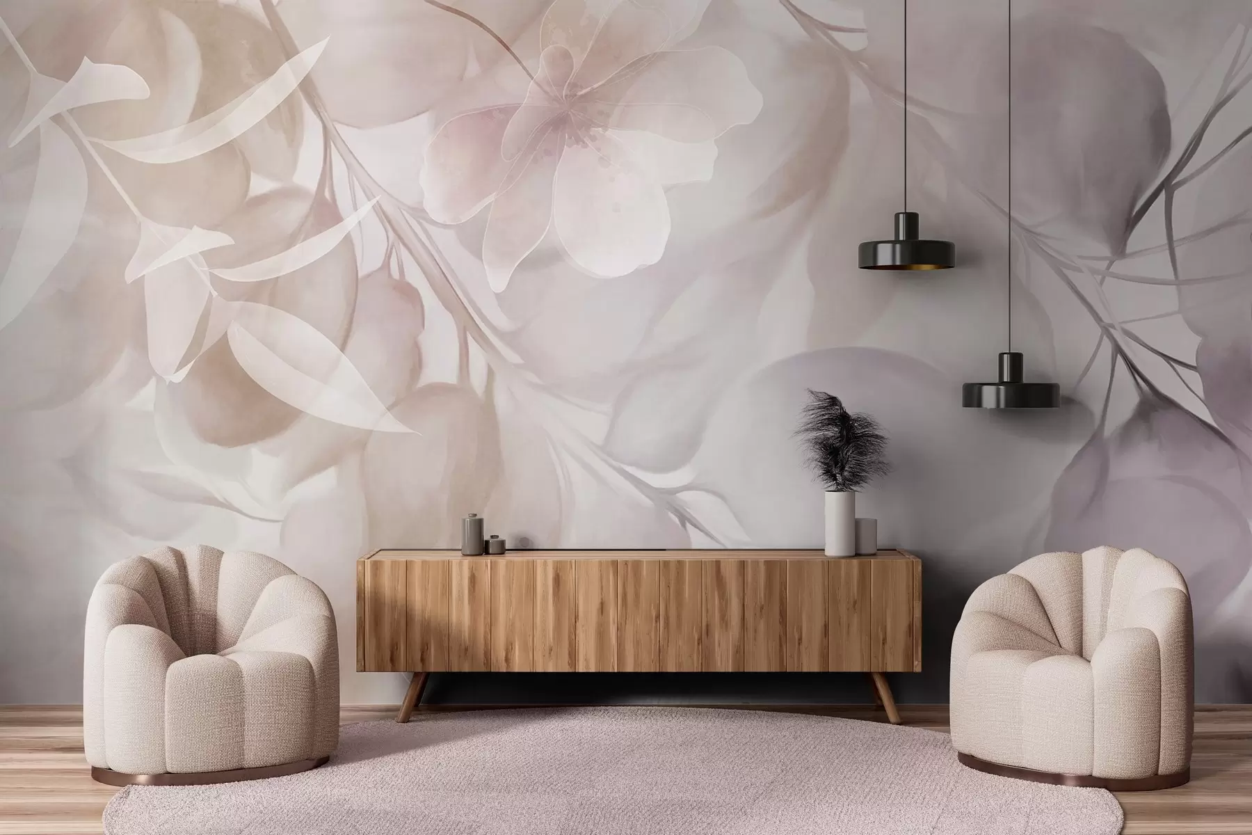 peintures murales Art floral avec des fleurs, des feuilles et des branches dans des tons beiges et bruns discrets, des couleurs pastel douces et un effet aquarelle texturé w09397