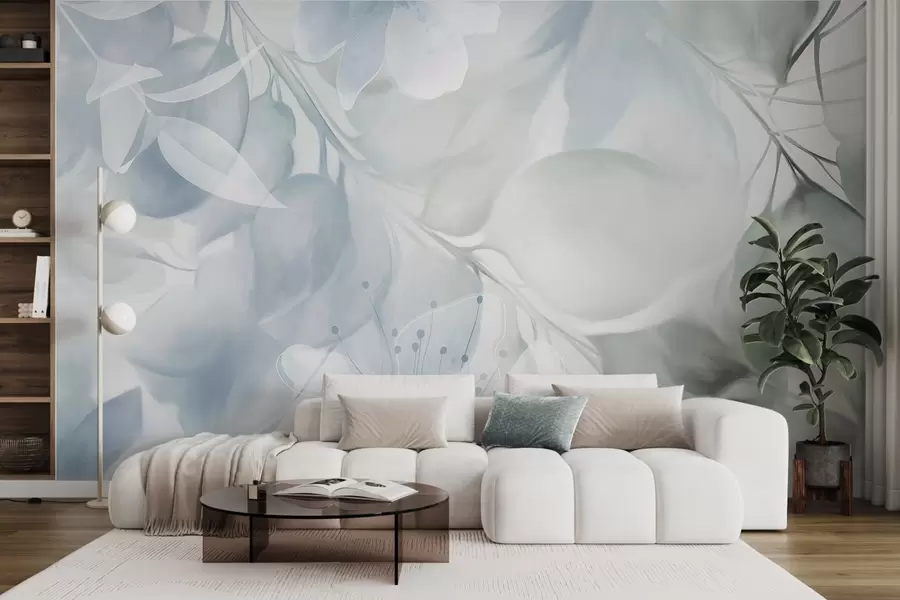 Wall Mural Photo Wallpaper Floral art with muted blue and green flowers, leaves and branches, soft pastel colors, watercolor textured effect w09397v1