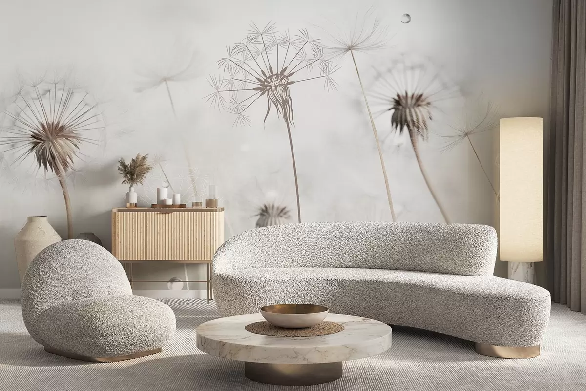 Wall Mural Photo Wallpaper Dandelions with water drops, white background, close up, soft light, nature, botanical, ethereal, delicate, minimalist w09399