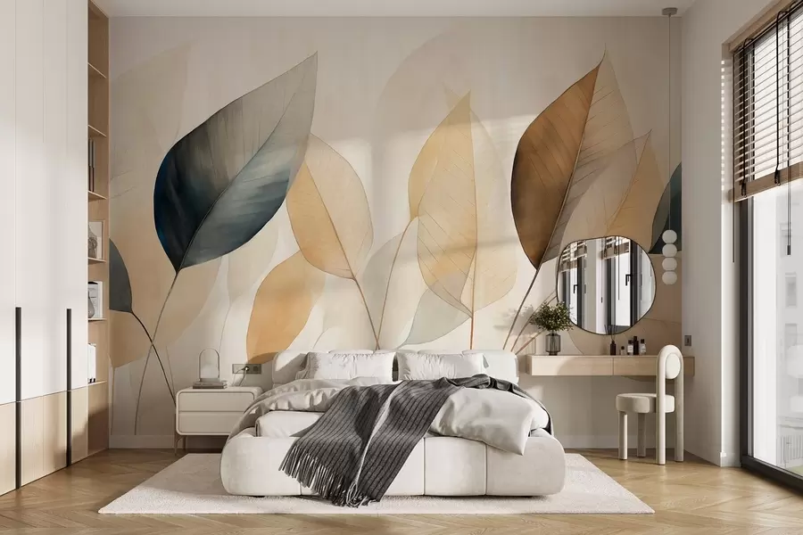 Wall Mural Photo Wallpaper Textured painting imitation of leaves in shades of brown, yellow, and gray, with delicate veins and stems w09400