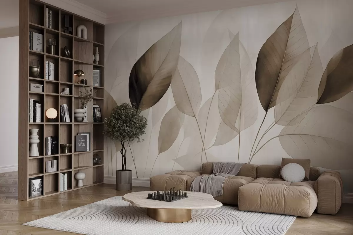 Wall Mural Photo Wallpaper Textured painting imitation of leaves in shades of brown and beige with delicate veins and stems w09400v1
