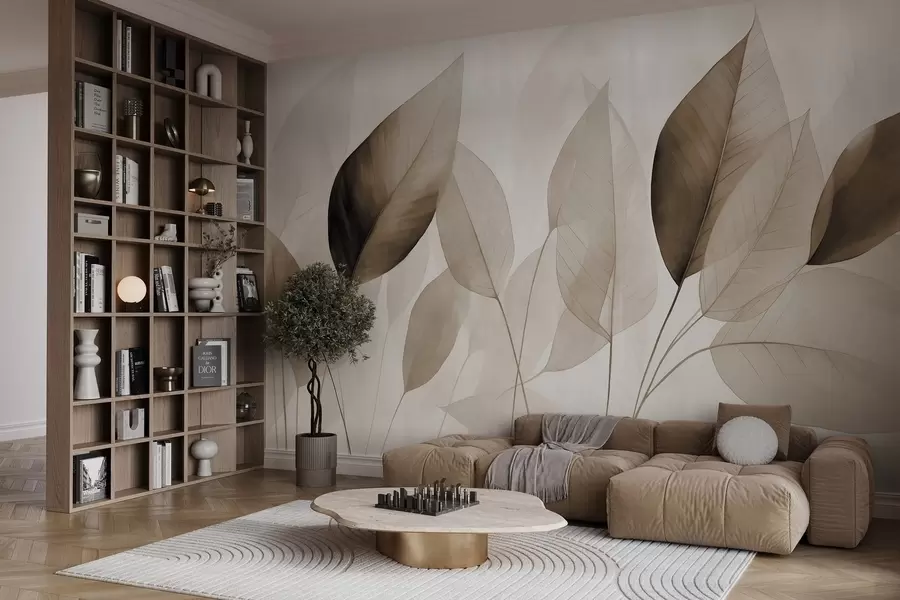 Wall Mural Photo Wallpaper Textured painting imitation of leaves in shades of brown and beige with delicate veins and stems w09400v1