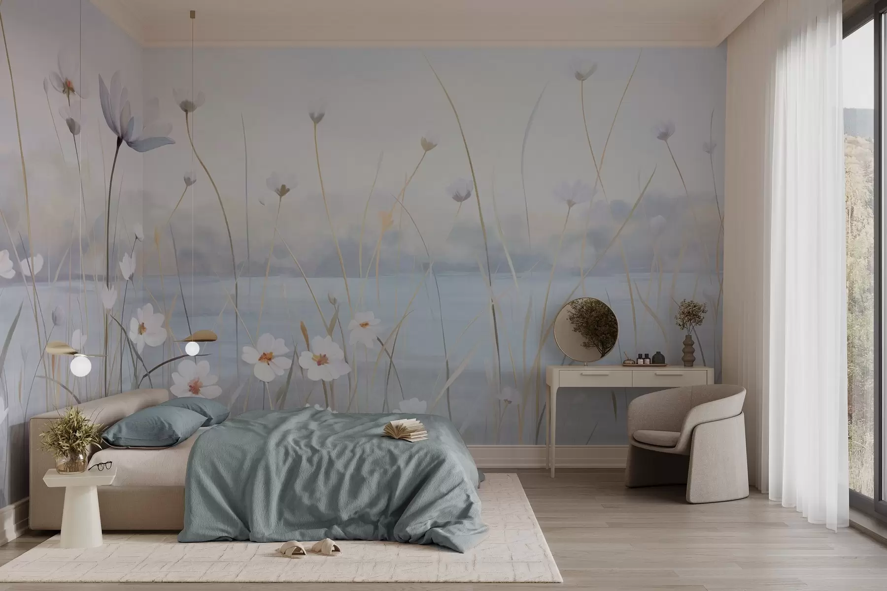 wall murals White flowers with long stems in a field, light blue sky, soft colors, textured, minimalist style, nature-inspired, calm background w09401