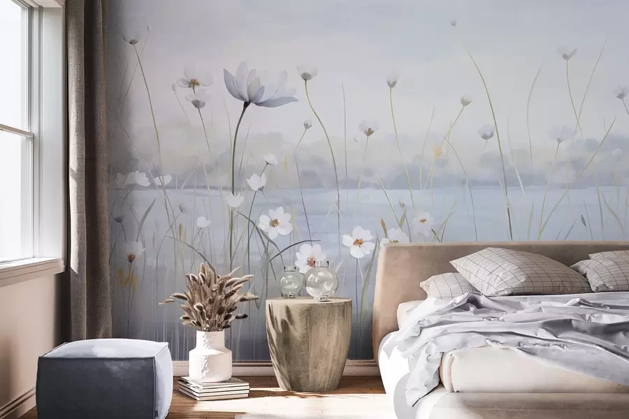 murales Flores blancas con tallos largos en un campo, cielo azul claro, colores suaves, textura, estilo minimalista, inspirado en la naturaleza, fondo tranquilo w09401