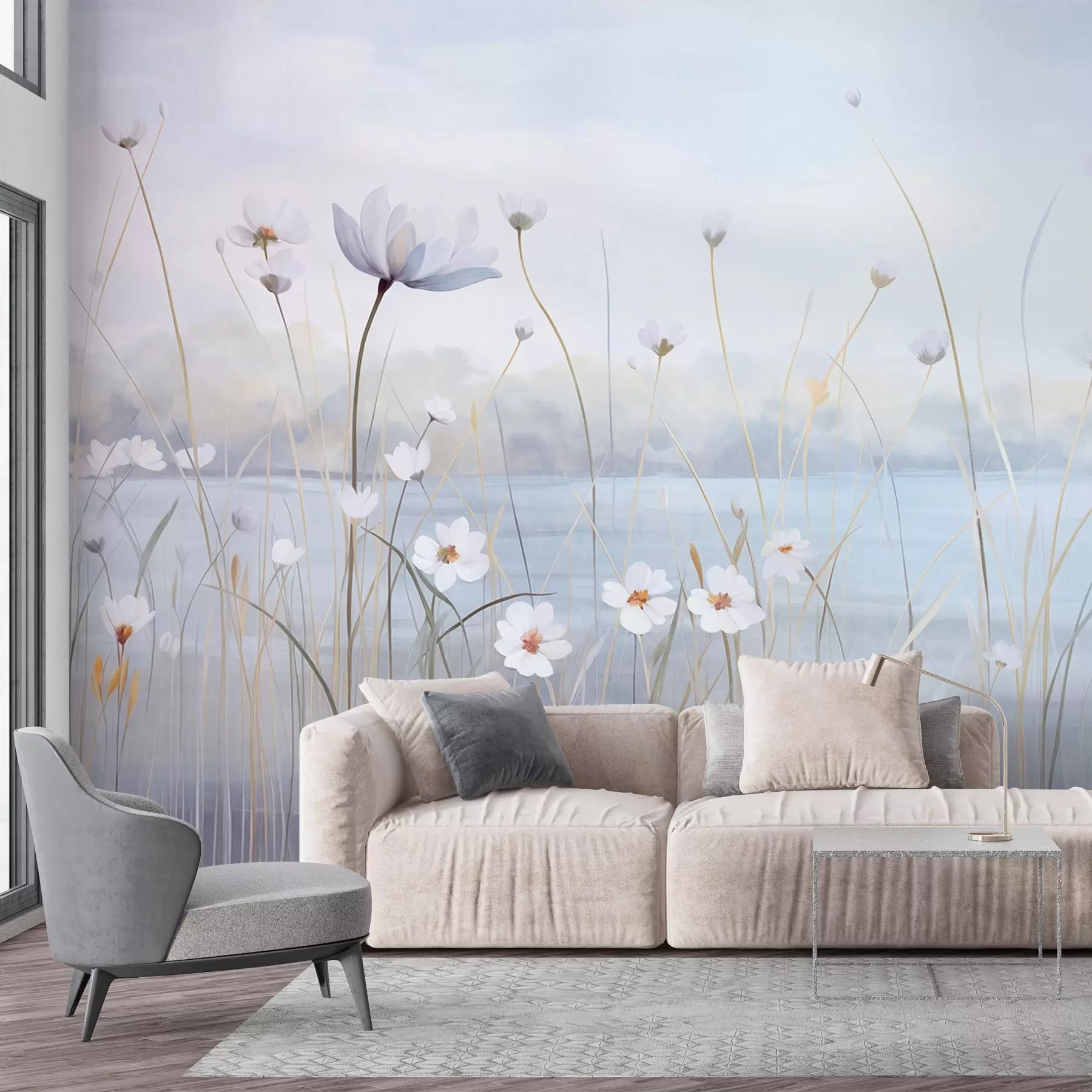 wall murals White flowers with long stems in a field, light blue sky, soft colors, textured, minimalist style, nature-inspired, calm background w09401