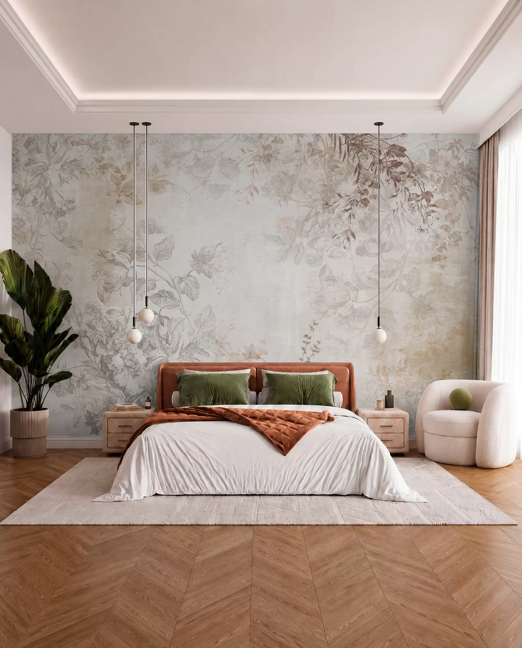 wall murals Vintage textured floral art with drawing style delicate garden flowers and leaves illustrations, soft pastel beige and sepia tones w09402