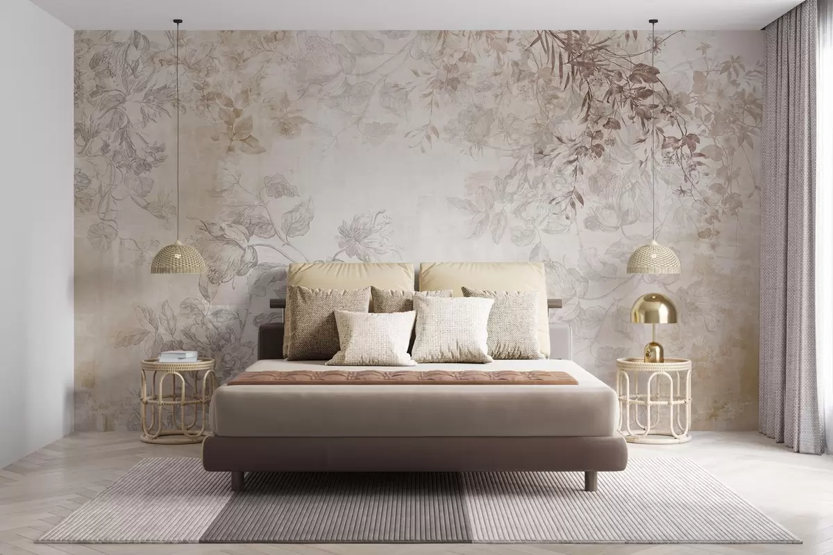 wall murals Vintage textured floral art with drawing style delicate garden flowers and leaves illustrations, soft pastel beige and sepia tones w09402