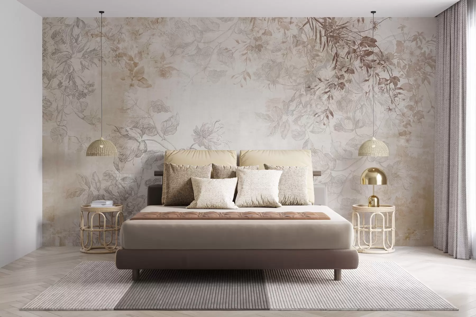 Wall Mural Photo Wallpaper Vintage textured floral art with drawing style delicate garden flowers and leaves illustrations, soft pastel beige and sepia tones w09402
