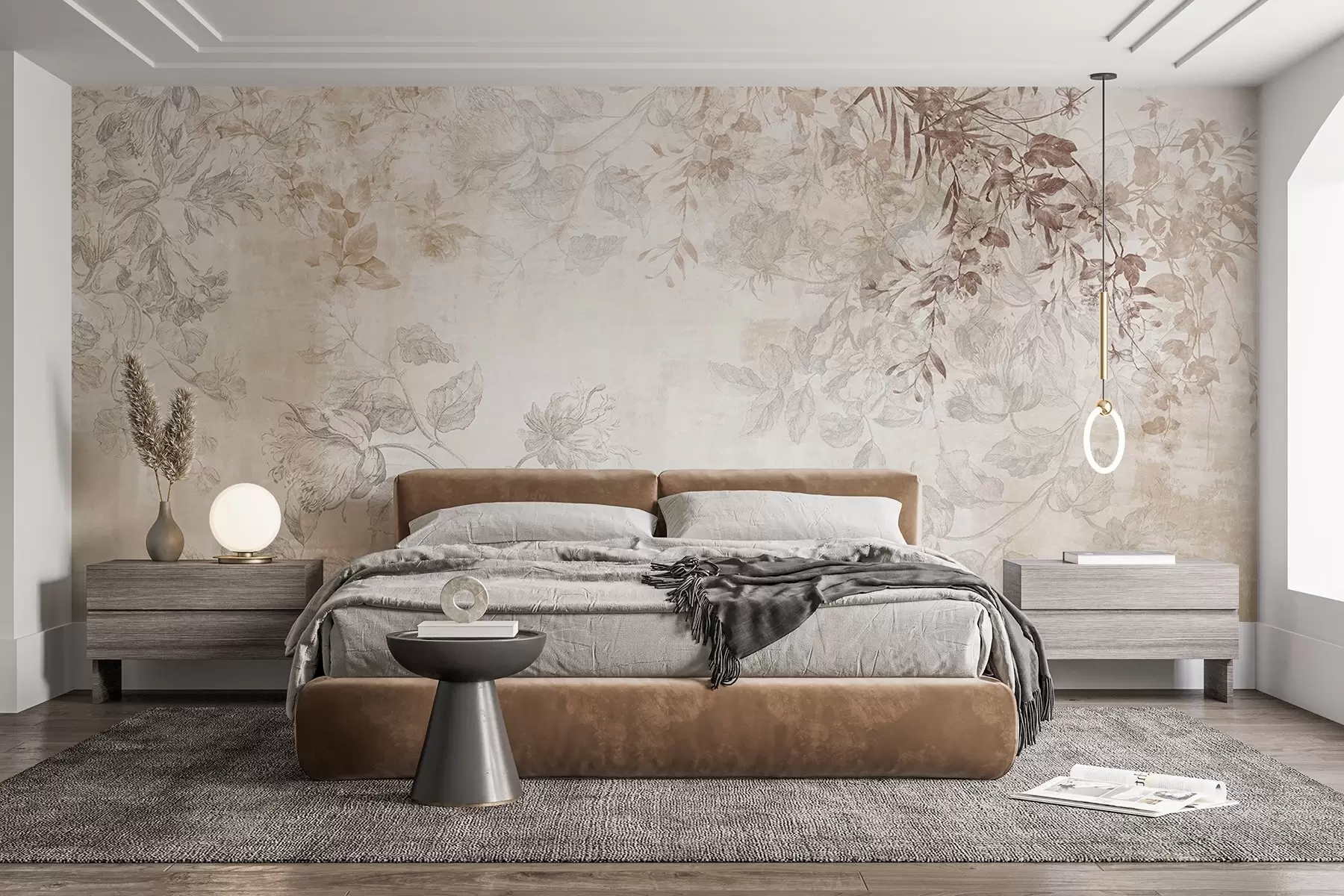 wall murals Vintage textured floral art with drawing style delicate garden flowers and leaves illustrations, soft pastel beige and sepia tones w09402