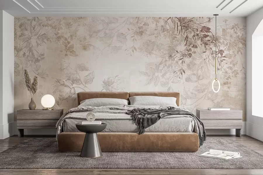 murales Arte floral vintage con textura, ilustraciones de delicadas flores y hojas de jardín en estilo dibujo, suaves tonos pastel beige y sepia w09402