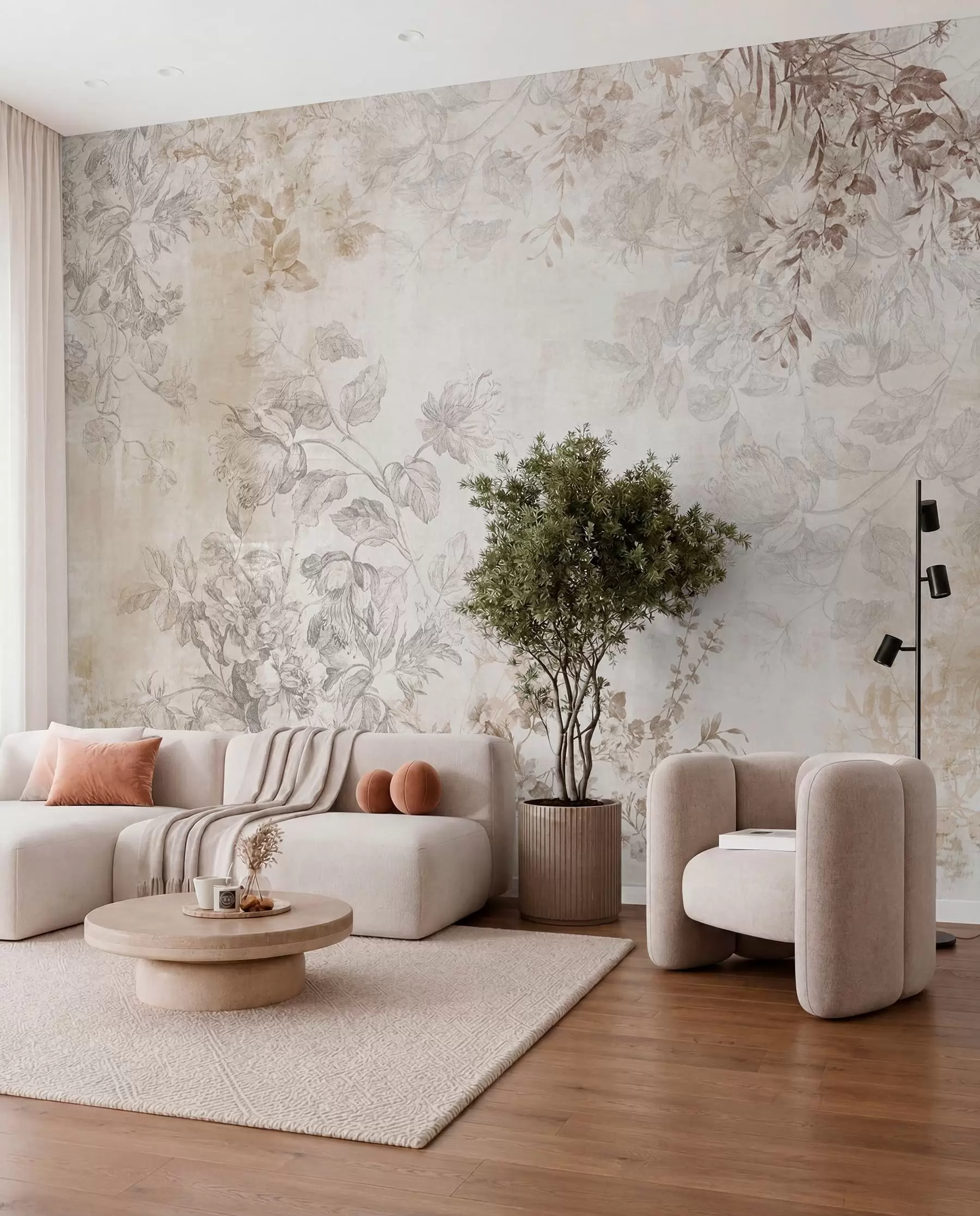 wall murals Vintage textured floral art with drawing style delicate garden flowers and leaves illustrations, soft pastel beige and sepia tones w09402
