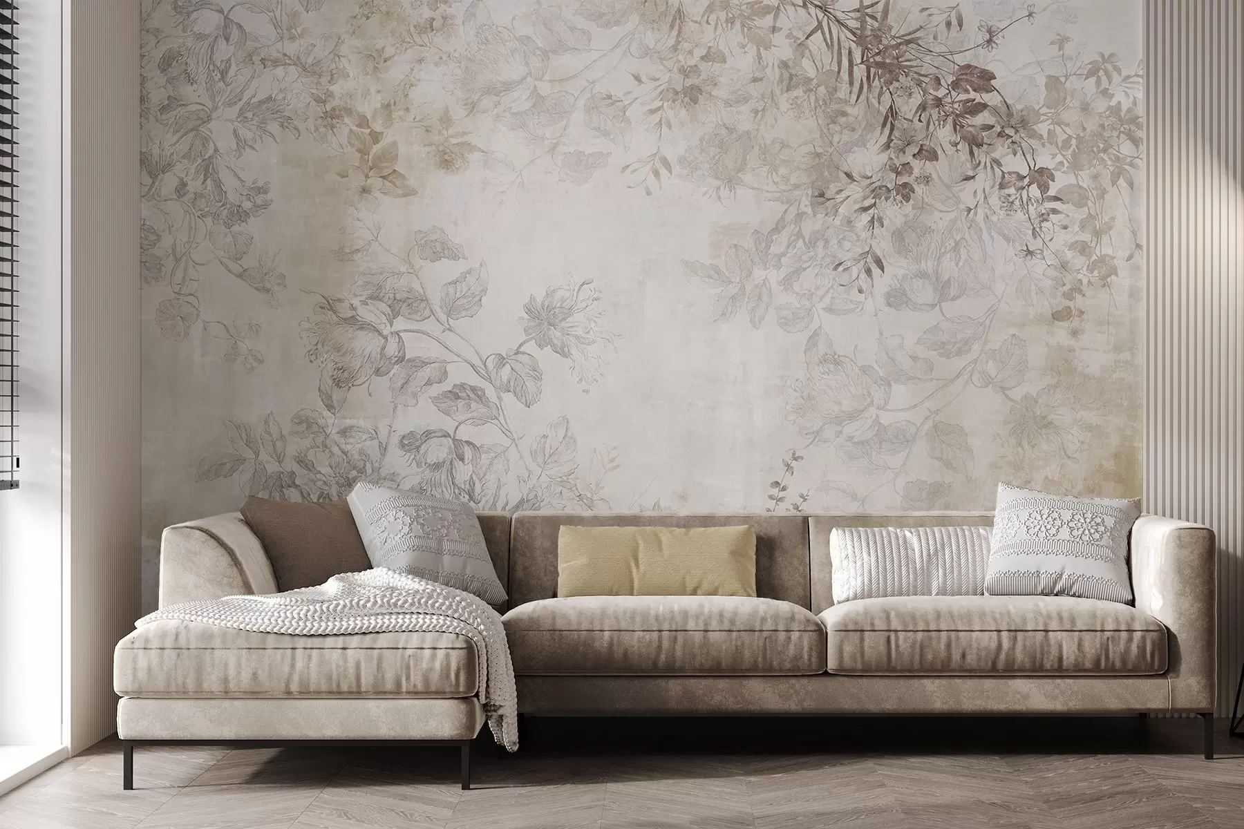 murales Arte floral vintage con textura, ilustraciones de delicadas flores y hojas de jardín en estilo dibujo, suaves tonos pastel beige y sepia w09402