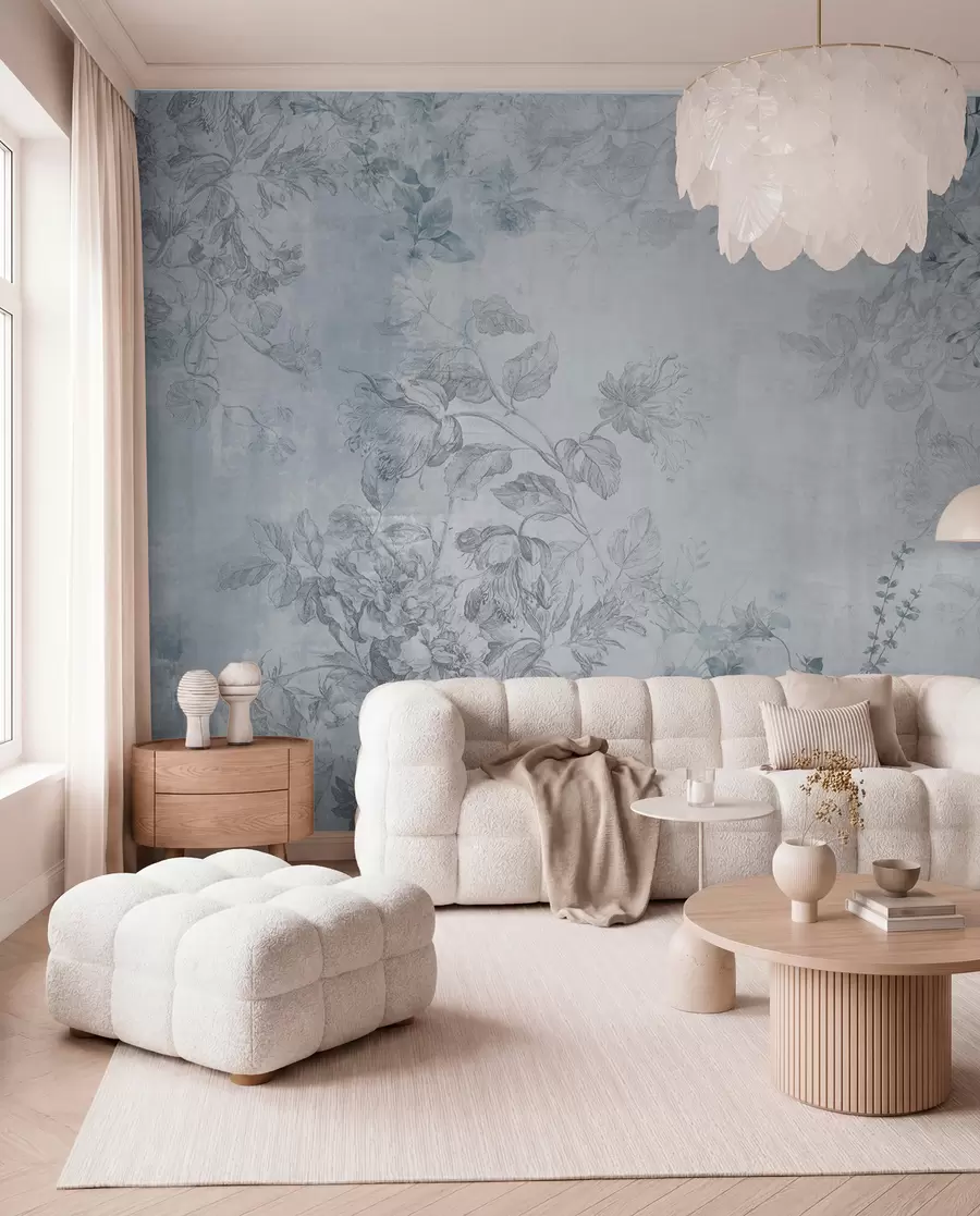 wall murals Vintage textured floral art with drawing style delicate garden flowers and leaves illustrations, soft blue tones w09402v1
