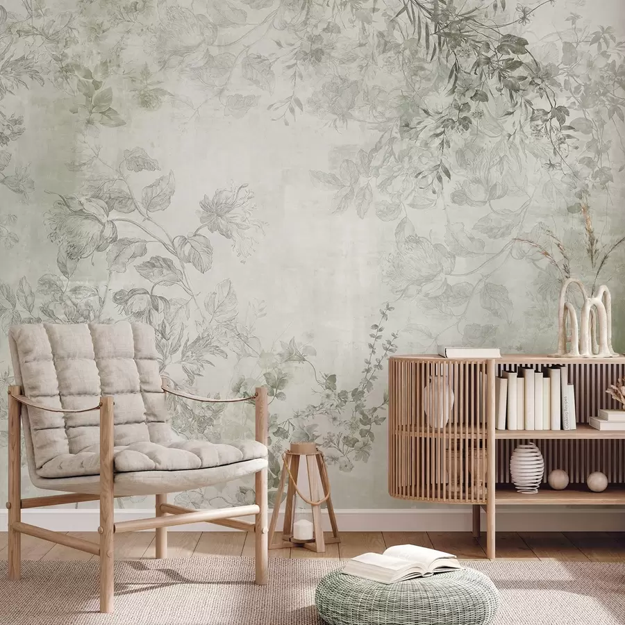 Wall Mural Photo Wallpaper Vintage textured floral art with drawing style delicate garden flowers and leaves illustrations, soft green tones w09402v2