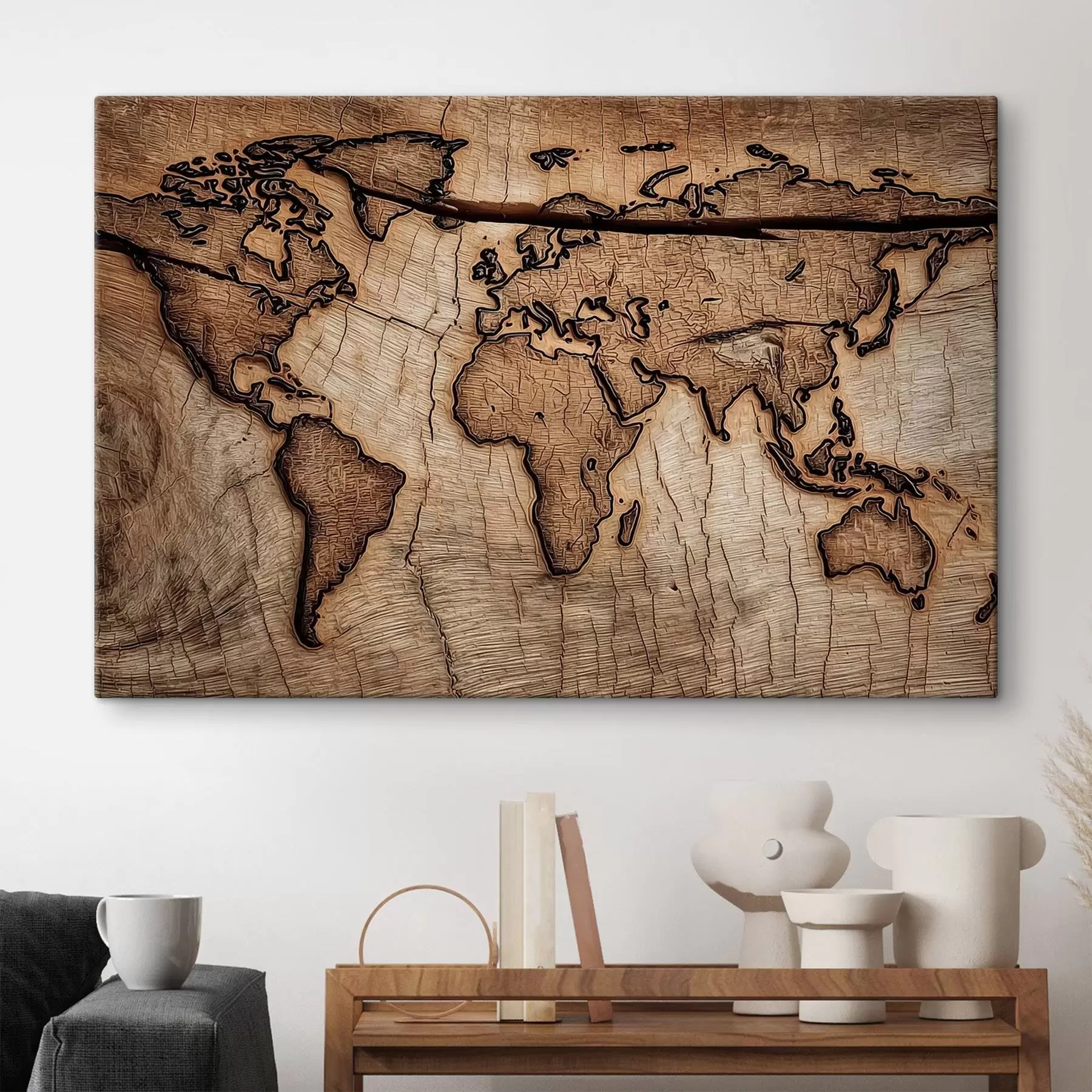 wall murals Engraved wooden world map s45805