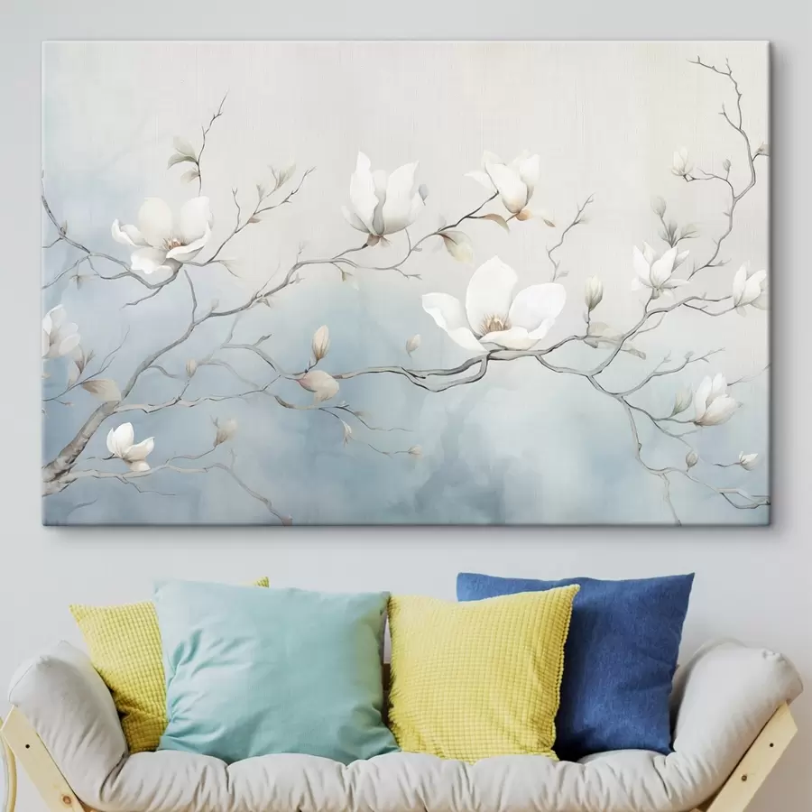 murales Ramas de magnolia con flores blancas sobre un delicado fondo s45806