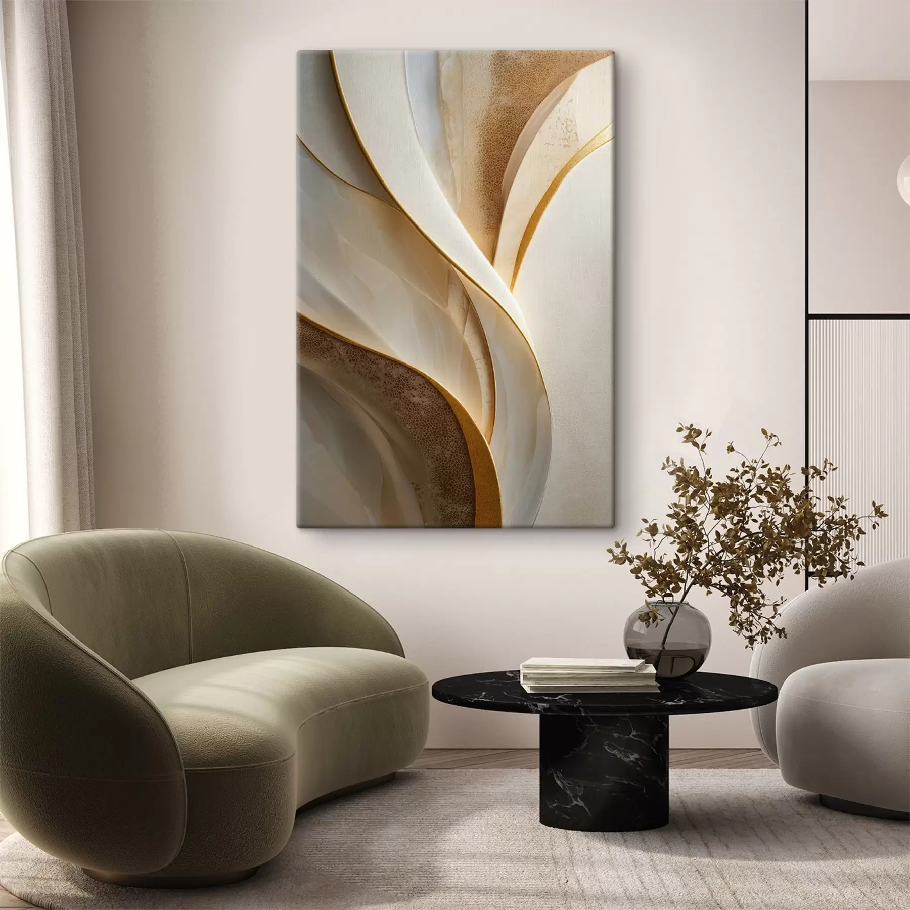 murales Curvas abstractas con detalles en amarillo anaranjado y beige s45807