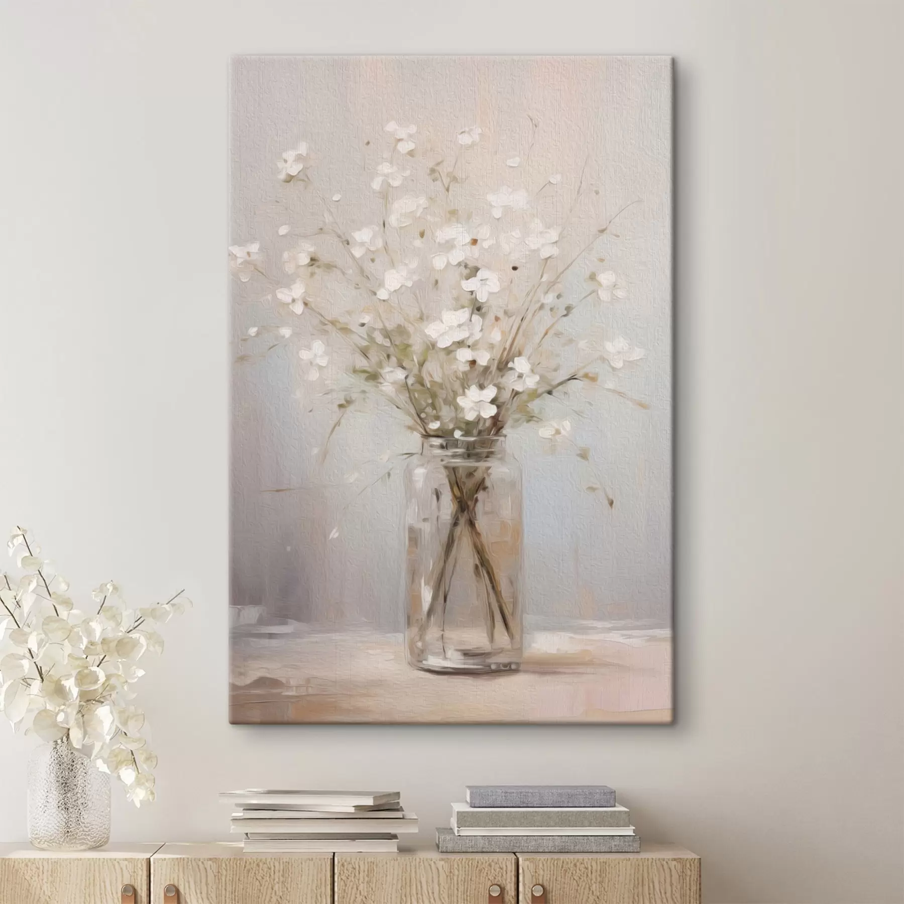 wall murals A bouquet of white flowers in a transparent glass vase s45814