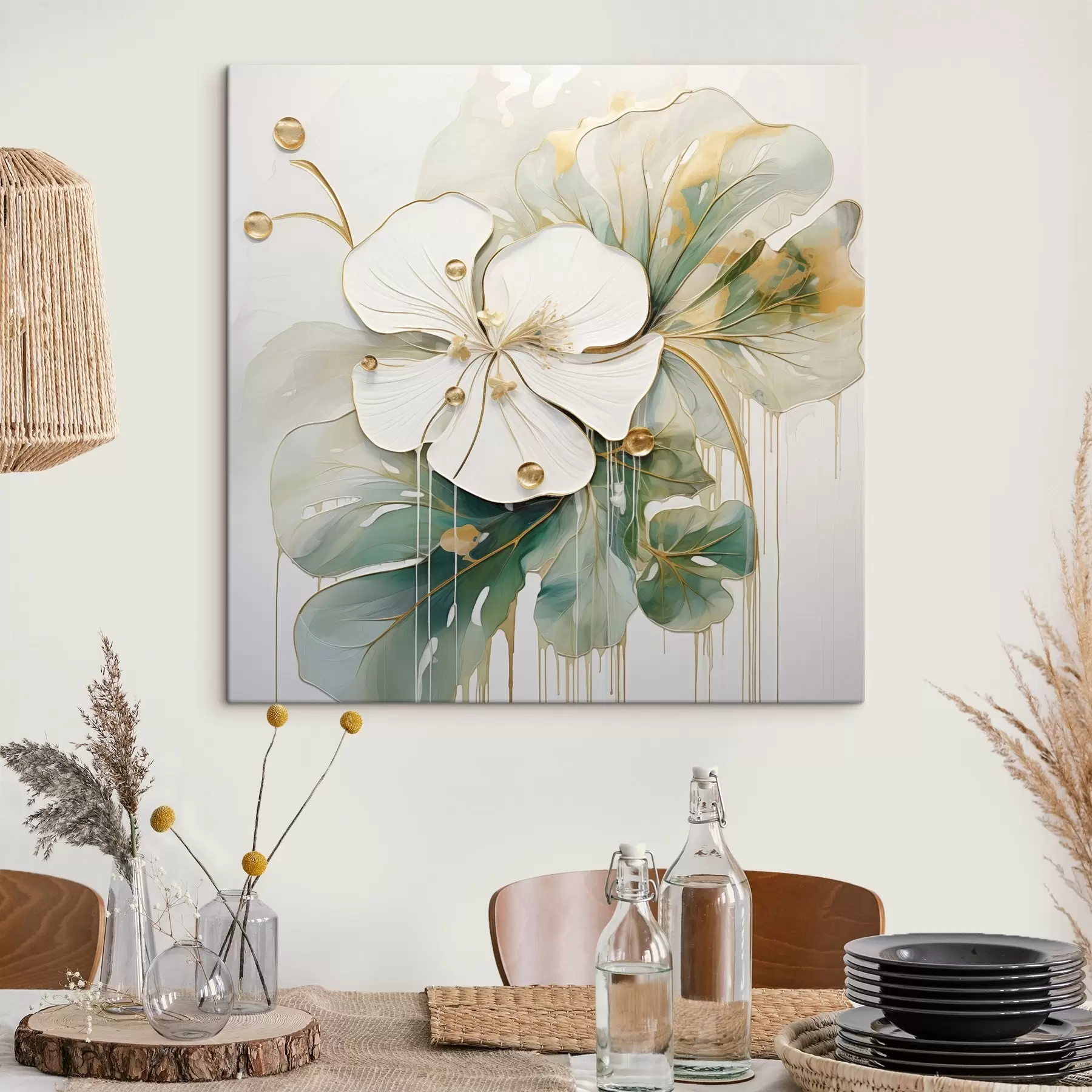 murales Una flor blanca con detalles amarillo anaranjado y hojas verdes s45815