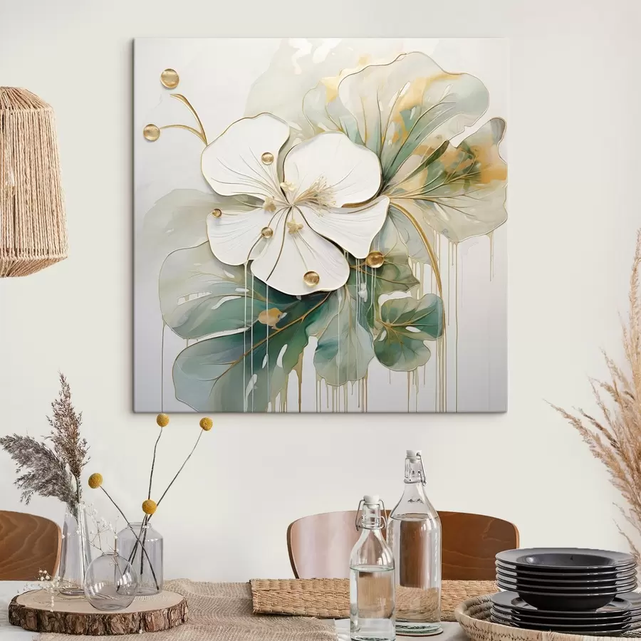 wall murals A white flower with yellow-orange details and green leaves s45815
