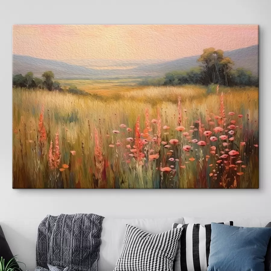 wall murals Field landscape with flowers at sunset s45818