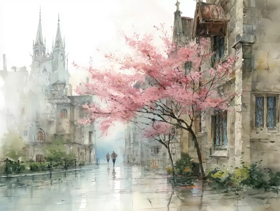 peintures murales paysage urbain de style aquarelle w04500