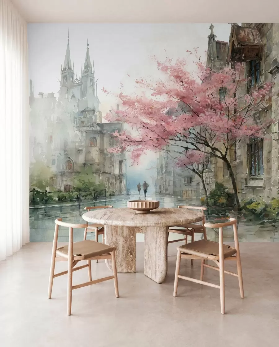 peintures murales paysage urbain de style aquarelle w04500