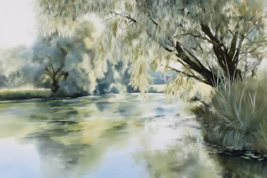 Wall Mural Photo Wallpaper watercolour-style tree above the lake w04501