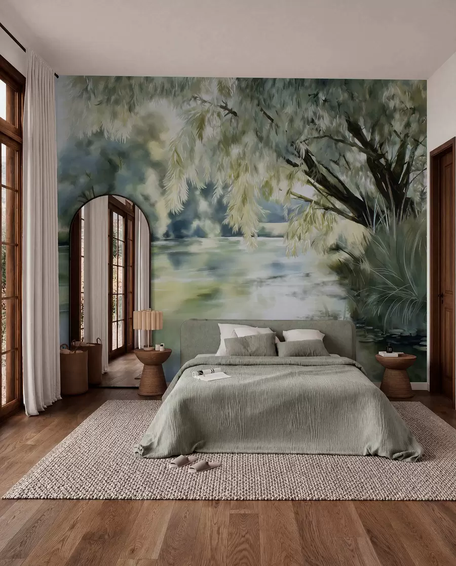 peintures murales arbre de style aquarelle au-dessus du lac w04501