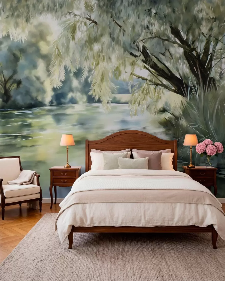 peintures murales arbre de style aquarelle au-dessus du lac w04501