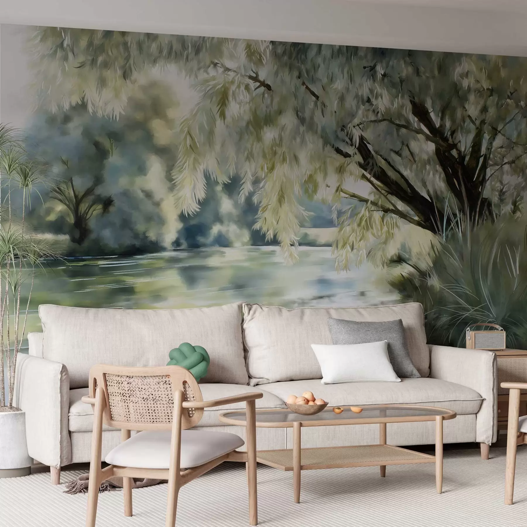 peintures murales arbre de style aquarelle au-dessus du lac w04501