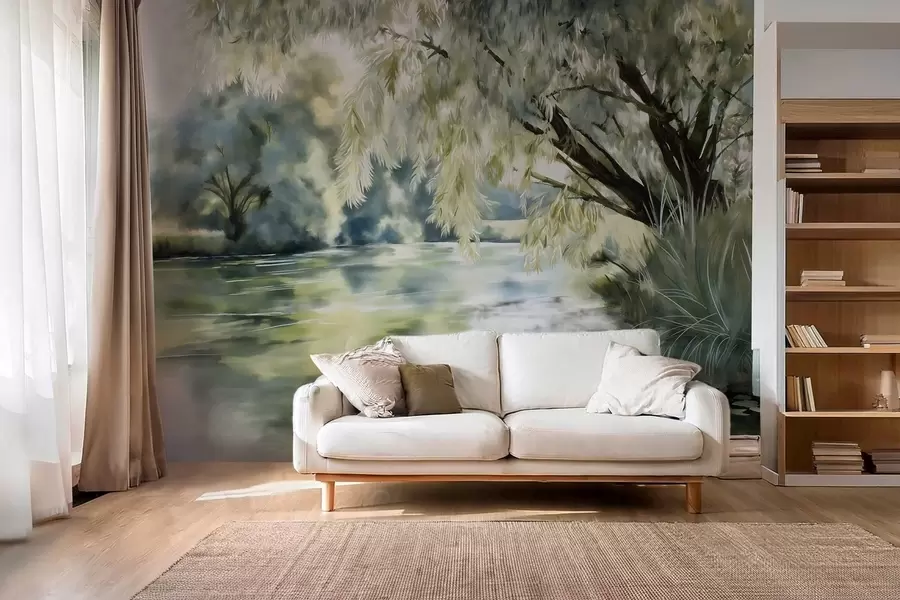 murales árbol de estilo acuarela sobre el lago w04501