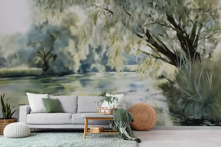 Wall Mural Photo Wallpaper watercolour-style tree above the lake w04501