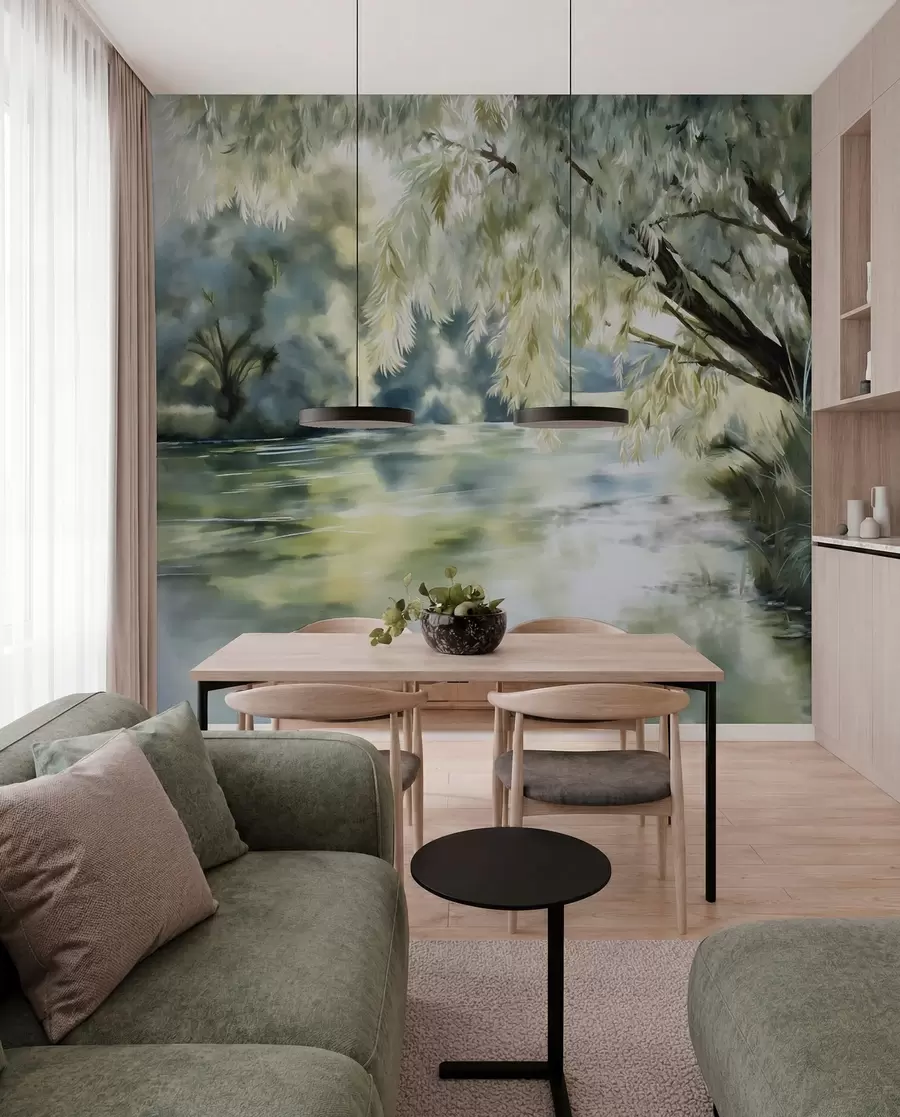 peintures murales arbre de style aquarelle au-dessus du lac w04501